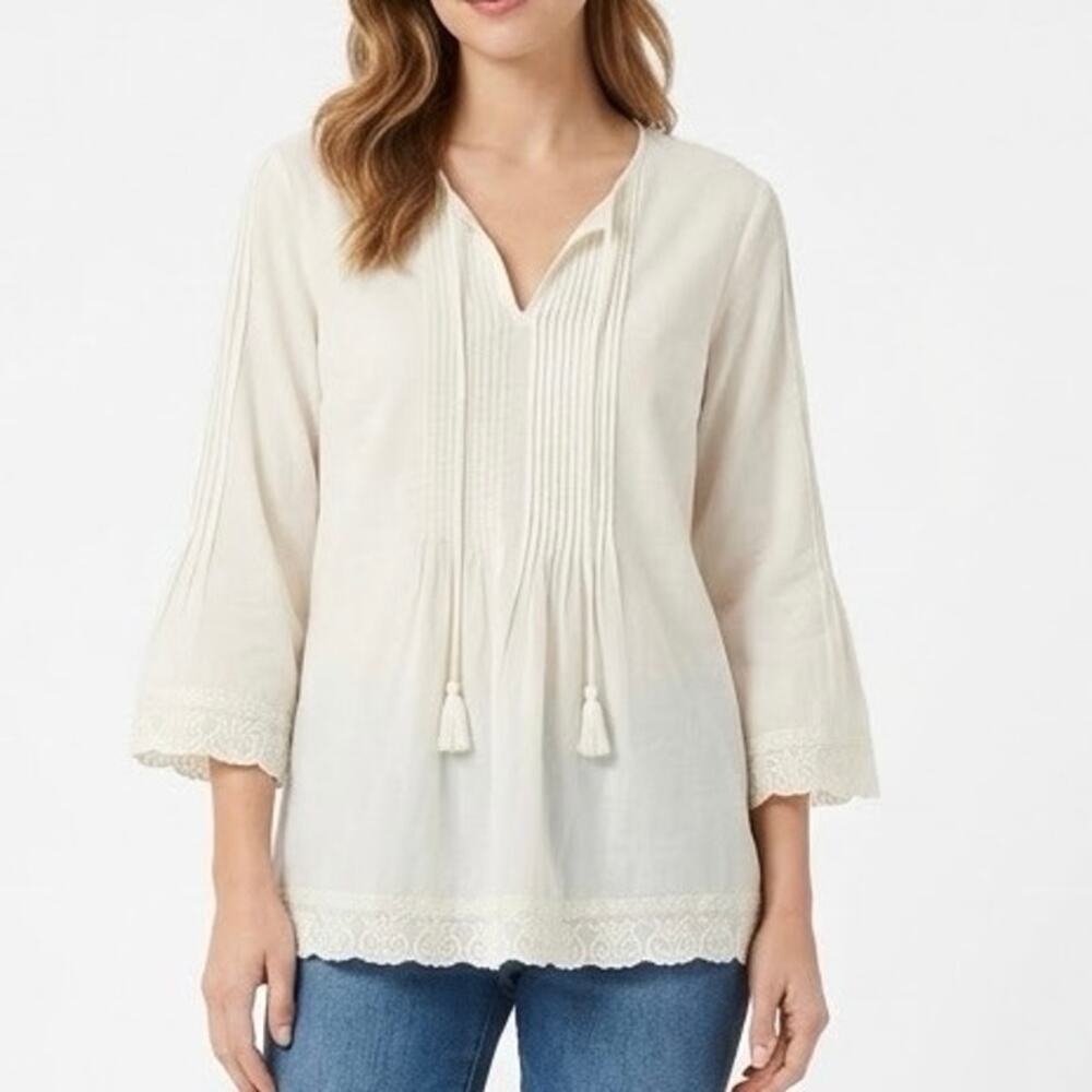 J. McLaughlin Ivory Cotton Pin-tuck Tunic Blouse Top Embroidered Tassel Boho M